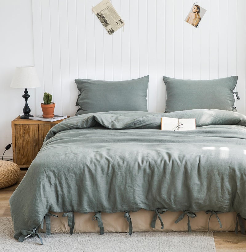 Simple&Opulence 100% Linen Duvet Cover Set, 3 Pieces Belgian Flax Breathable Bedding, King Size 104''x92'' (1 Comforter Cover+2 Pillowshams) with Tie Closure Style,Greyish-Green - Image 2